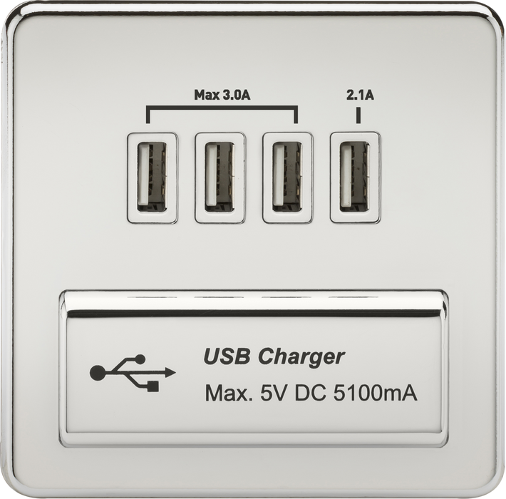 230V Quad USB-A Charger Outlet (5V DC 5.1A shared) - Polished Chrome with White Insert