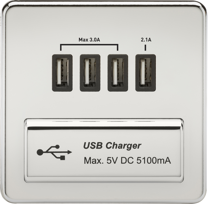 230V Quad USB-A Charger Outlet (5V DC 5.1A shared) - Polished Chrome with Black Insert