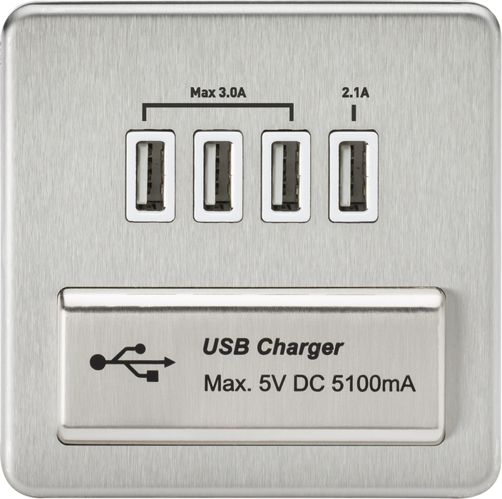 230V Quad USB-A Charger Outlet (5V DC 5.1A shared) - Brushed Chrome with White Insert