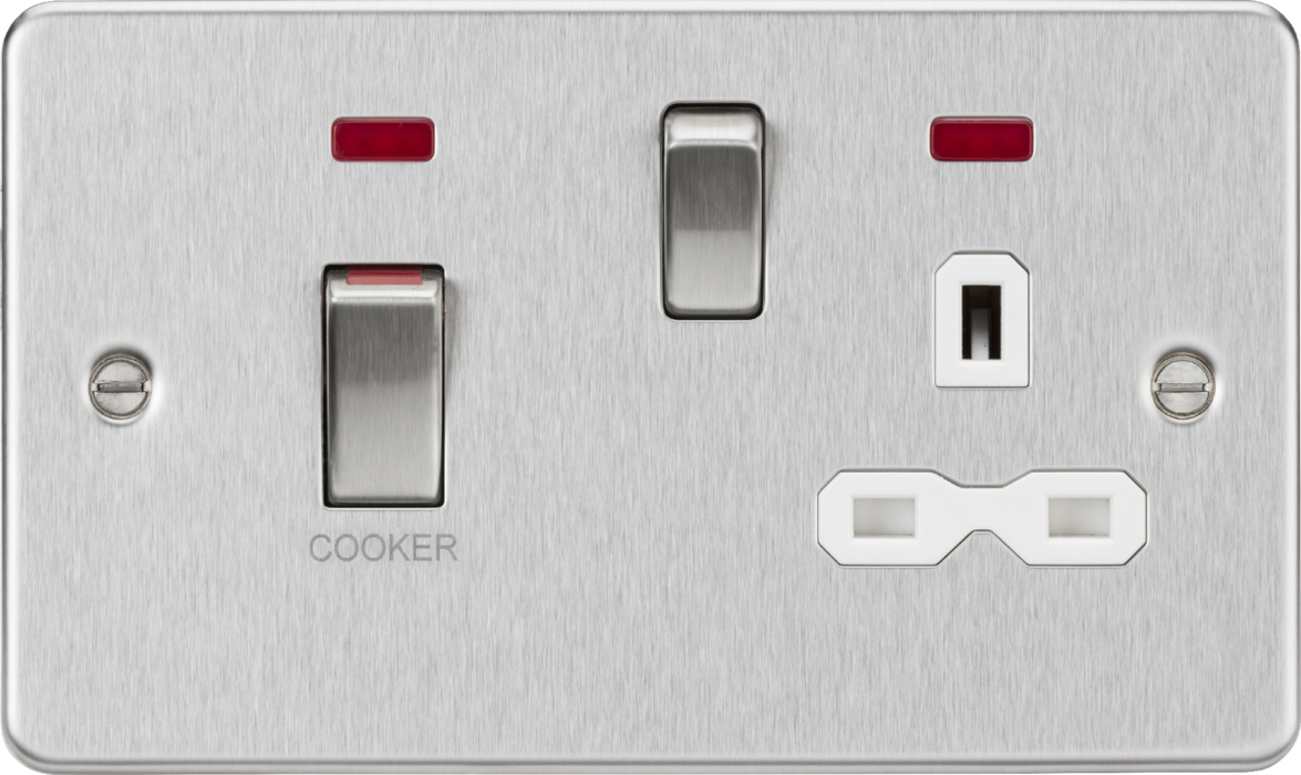 45A DP Switch & 13A Socket with Neons - Brushed Chrome with White Insert