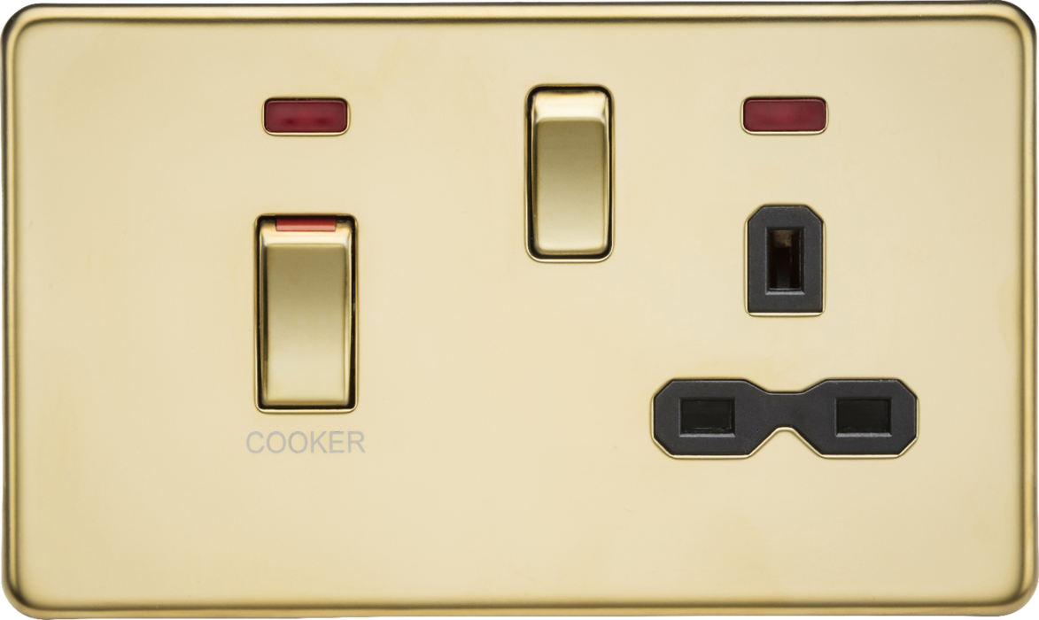 45A DP Switch & 13A Socket with Neons - Polished Brass with Black Insert