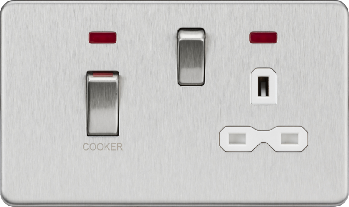 45A DP Switch & 13A Socket with Neons - Brushed Chrome with White Insert