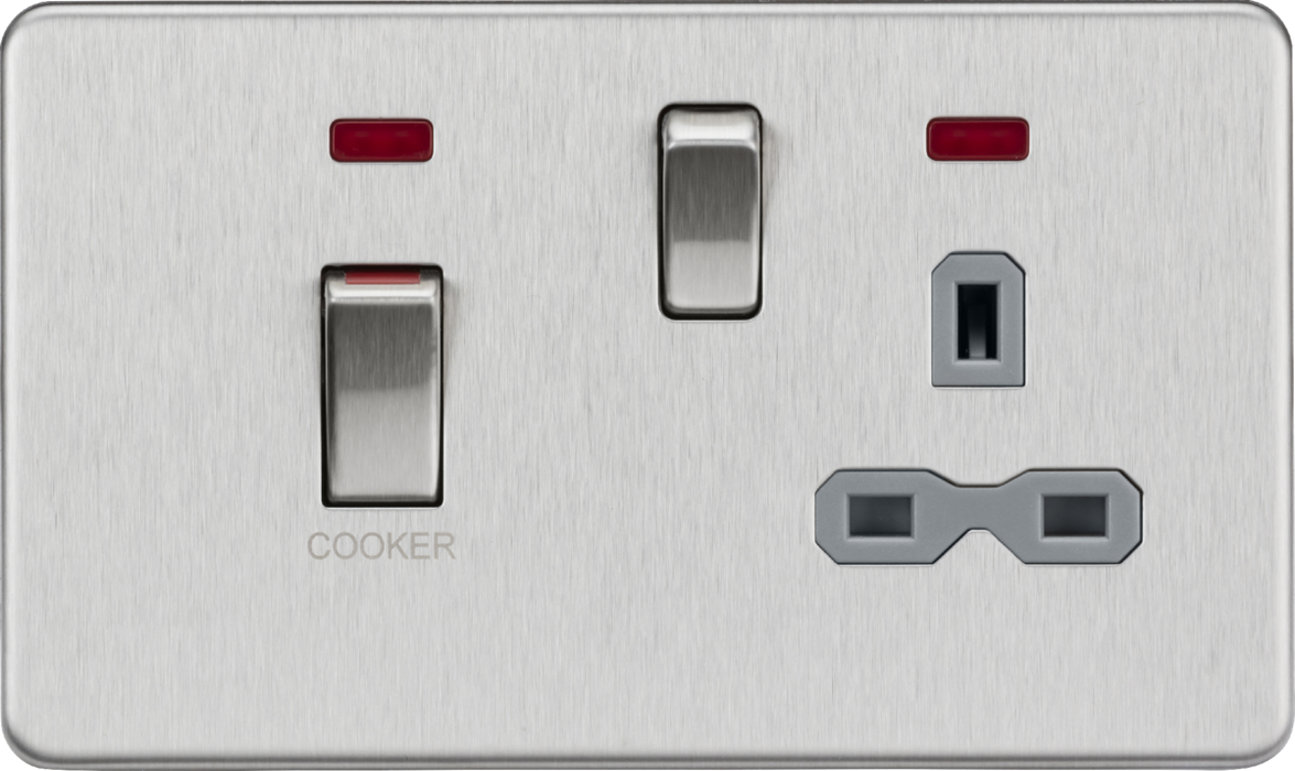 45A DP Switch & 13A Socket with Neons - Brushed Chrome with Grey Insert