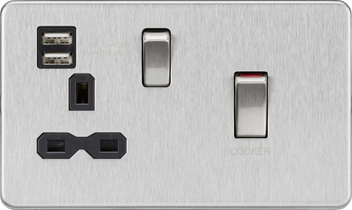 45A DP Switch & 13A Socket with Dual USB A+A (5V DC 2.4A shared) - Brushed Chrome with Black Insert