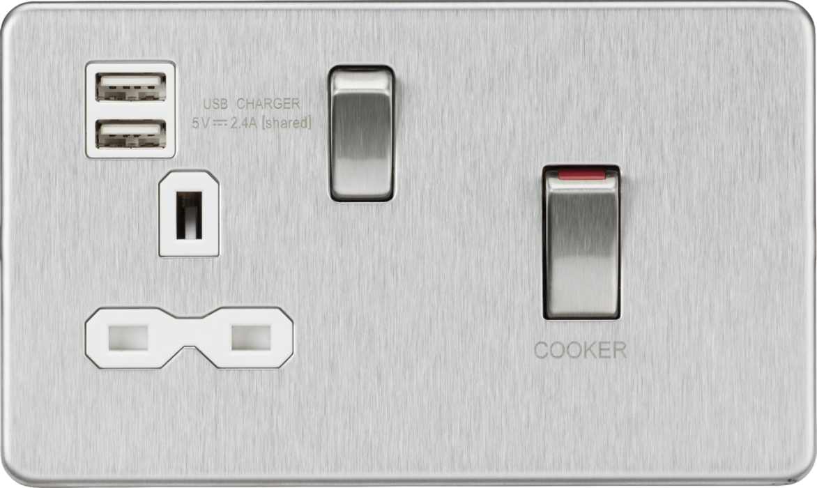 45A DP Switch & 13A Socket with Dual USB A+A (5V DC 2.4A shared) - Brushed Chrome with White Insert