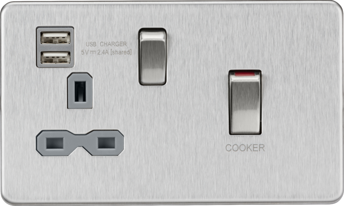 45A DP Switch & 13A Socket with Dual USB A+A (5V DC 2.4A shared) - Brushed Chrome with Grey Insert