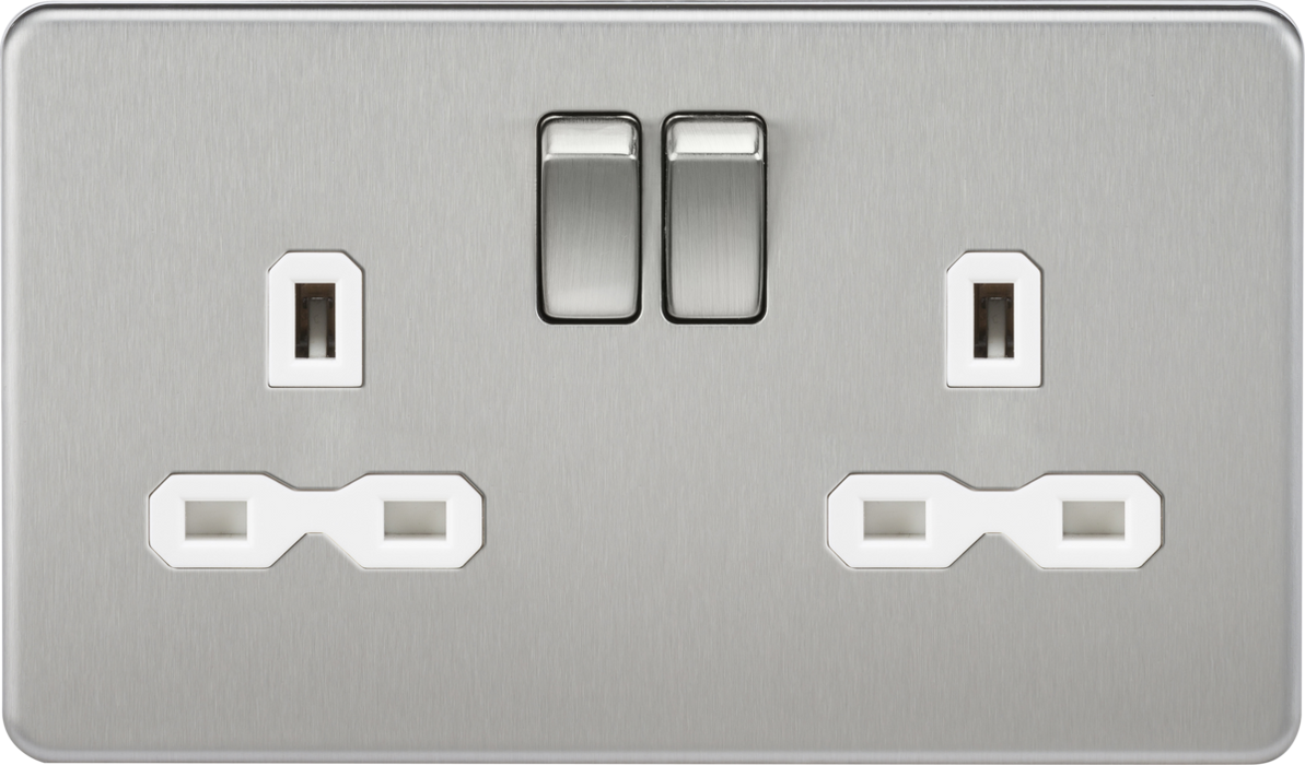 13A 2G DP Switched Socket with Twin Earths - Brushed Chrome with White Insert