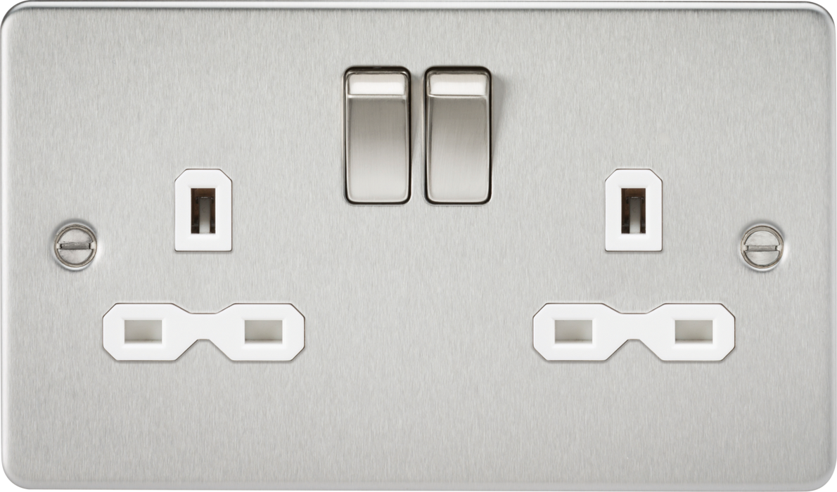 13A 2G DP Switched Socket with Twin Earths - Brushed Chrome with White Insert