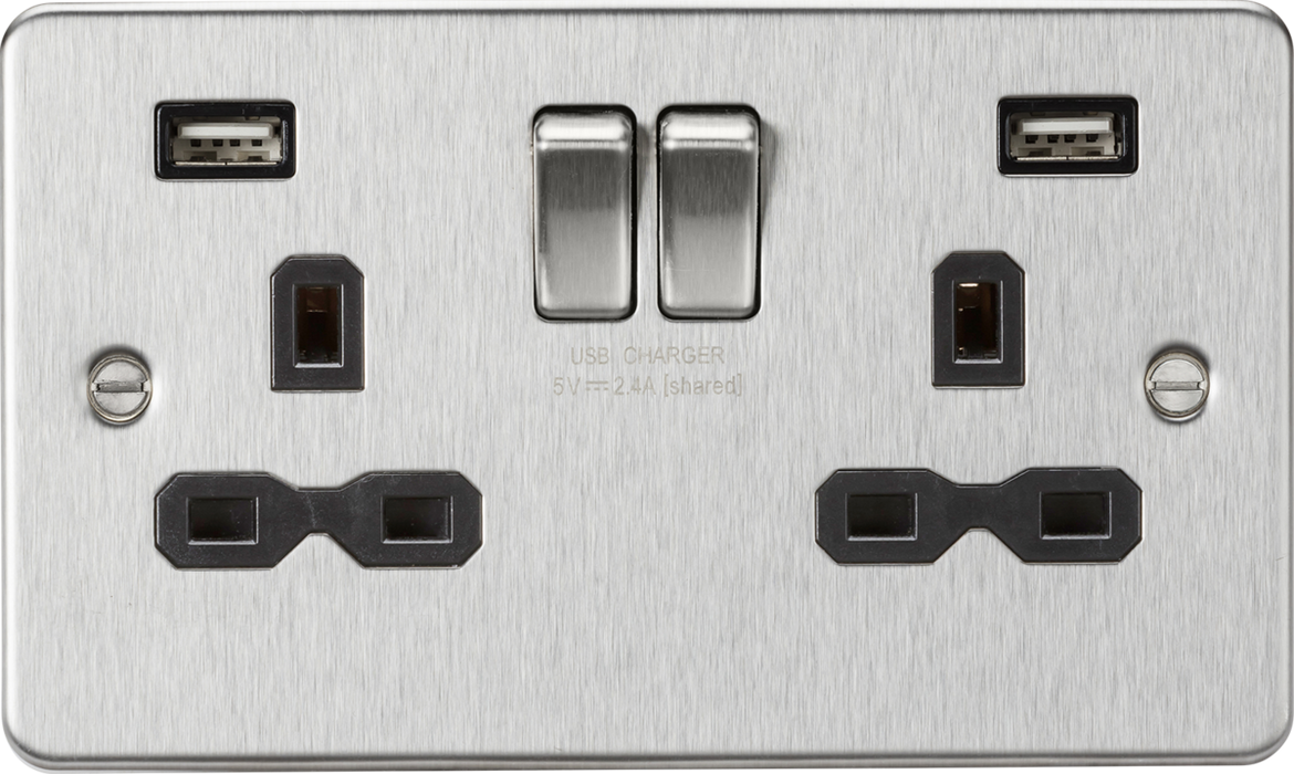 13A 2G SP Switched Socket with Dual USB A+A (5V DC 2.4A shared) - Brushed Chrome with Black Insert