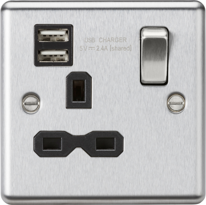 13A 1G SP Switched Socket with Dual USB A+A (5V DC 2.4A shared) - Brushed Chrome with Black Insert