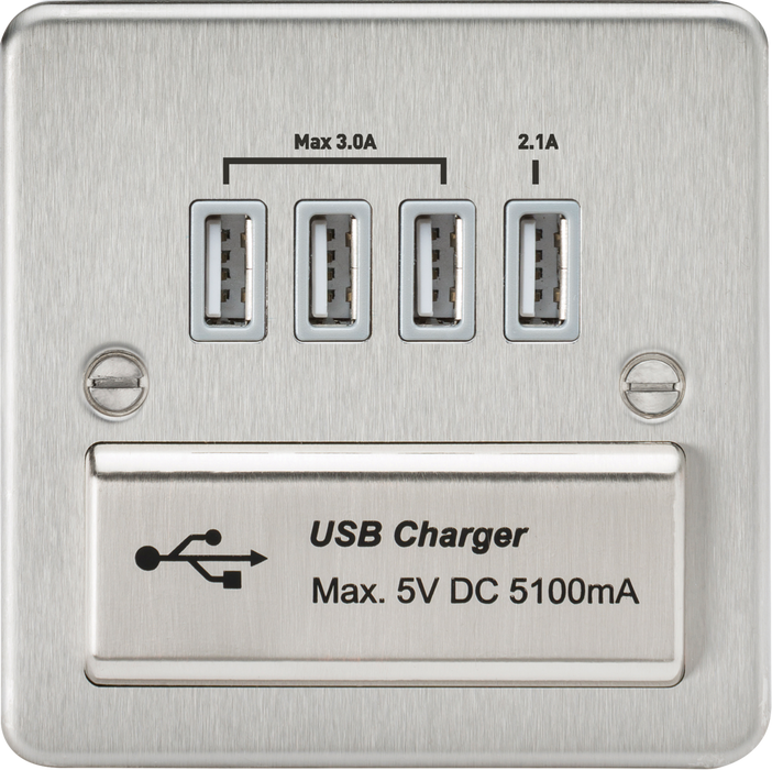 230V Quad USB-A Charger Outlet (5V DC 5.1A shared) - Brushed Chrome with Grey Insert