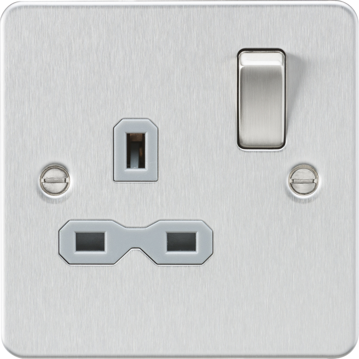 13A 1G DP Switched Socket - Brushed Chrome with Grey Insert