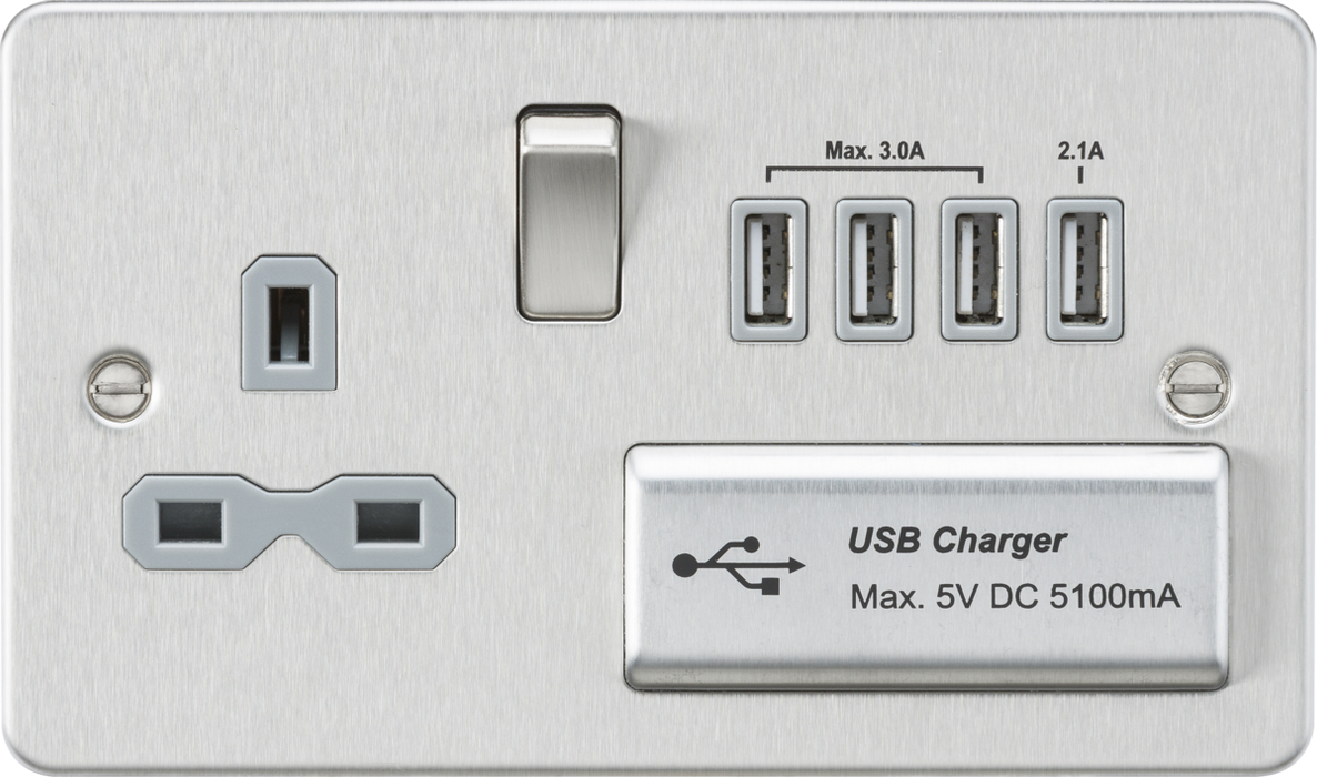 13A Switched Socket with Quad USB-A (5V DC 5.1A shared) - Brushed Chrome with Grey Insert