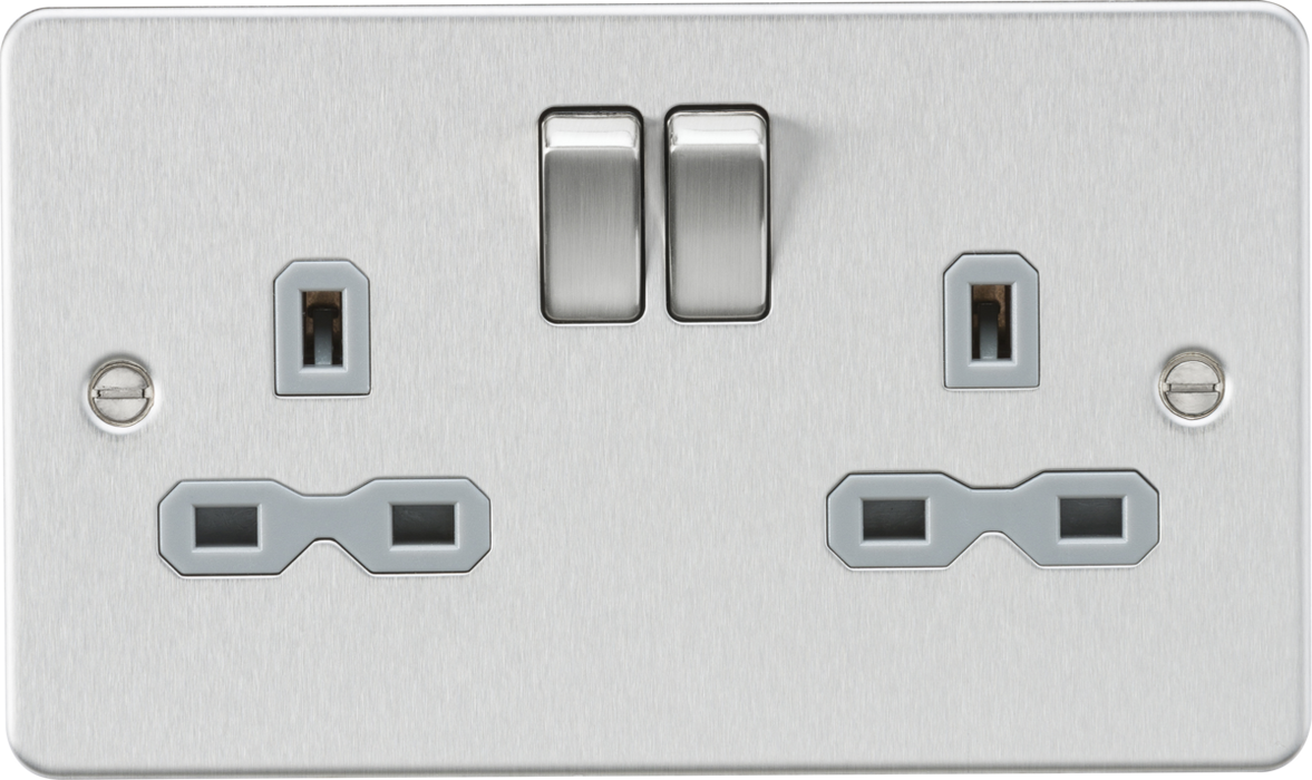 13A 2G DP Switched Socket with Twin Earths - Brushed Chrome with Grey Insert