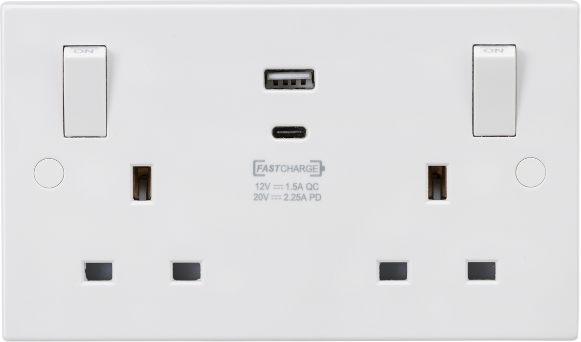 13A 2G SP Switched Socket with Dual USB A+C 20V DC 2.25A (Max. 45W) with Outboard Rockers