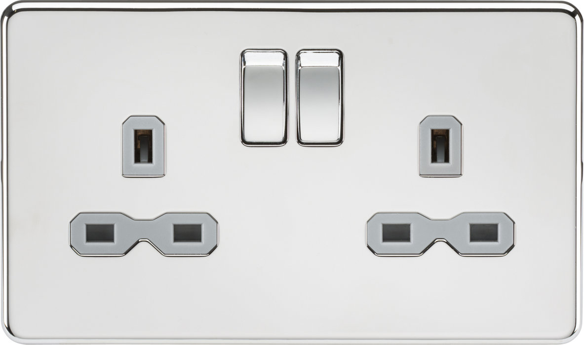 13A 2G DP Switched Socket with Twin Earths - Polished Chrome with Grey Insert