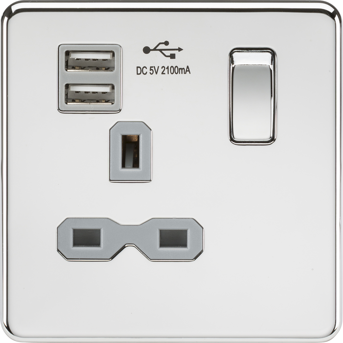 13A 1G SP Switched Socket with Dual USB A+A (5V DC 2.1A shared) - Polished Chrome with Grey Insert