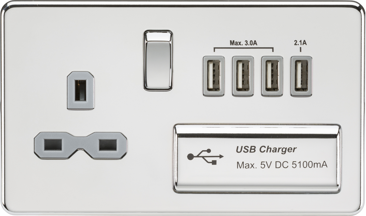 13A Switched Socket with Quad USB-A (5V DC 5.1A shared) - Polished Chrome with Grey Insert