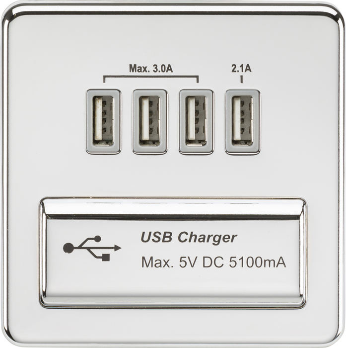 230V Quad USB-A Charger Outlet (5V DC 5.1A shared) - Polished chrome with grey insert