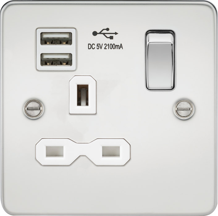 13A 1G SP Switched Socket with Dual USB A+A (5V DC 2.1A shared) - Polished Chrome with White Insert