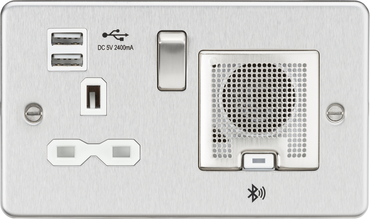 13A Socket Bluetooth Speaker and Dual USB A+A (5V DC 2.4A shared) - Brushed Chrome with White Insert