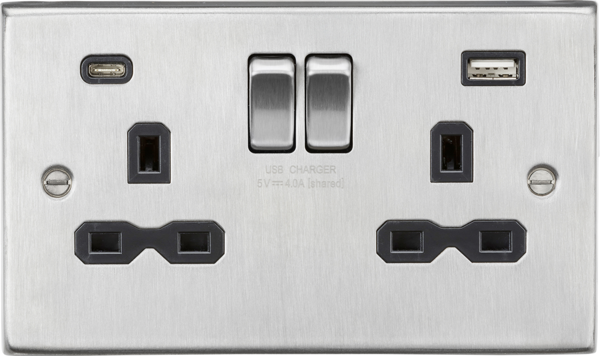 13A 2G SP Switched Socket with Dual USB A+C (5V DC 4.0A shared) - Brushed Chrome with Black Insert