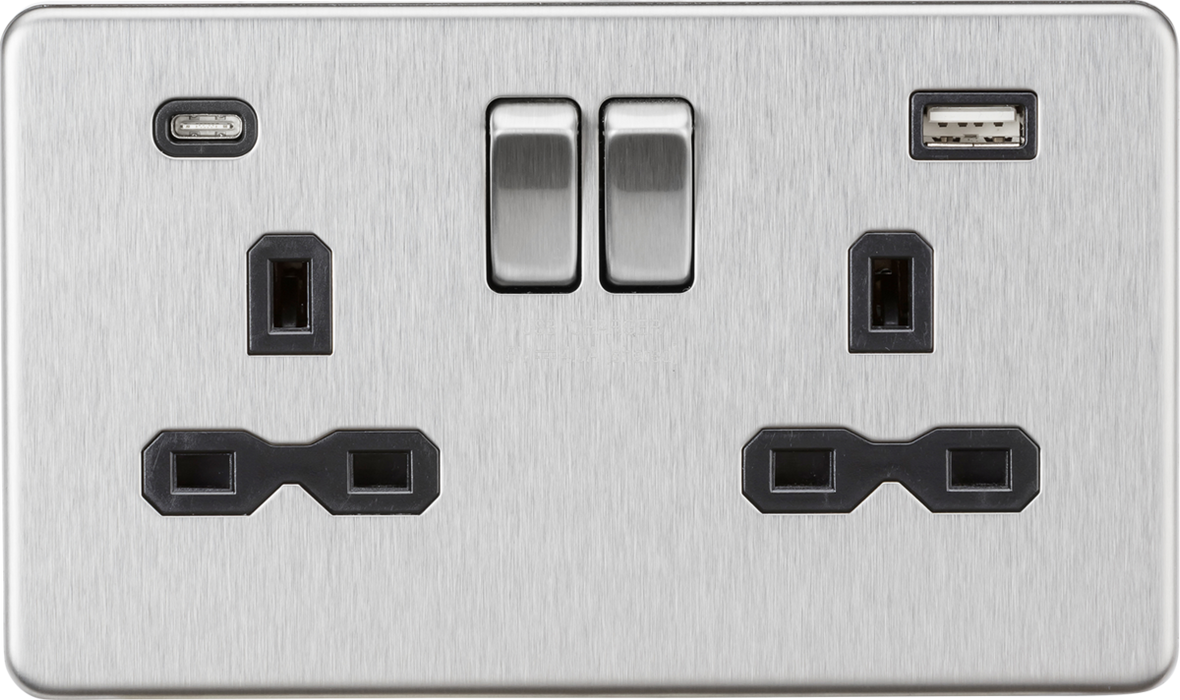 13A 2G SP Switched Socket with Dual USB A+C (5V DC 4.0A shared) - Brushed Chrome with Black Insert