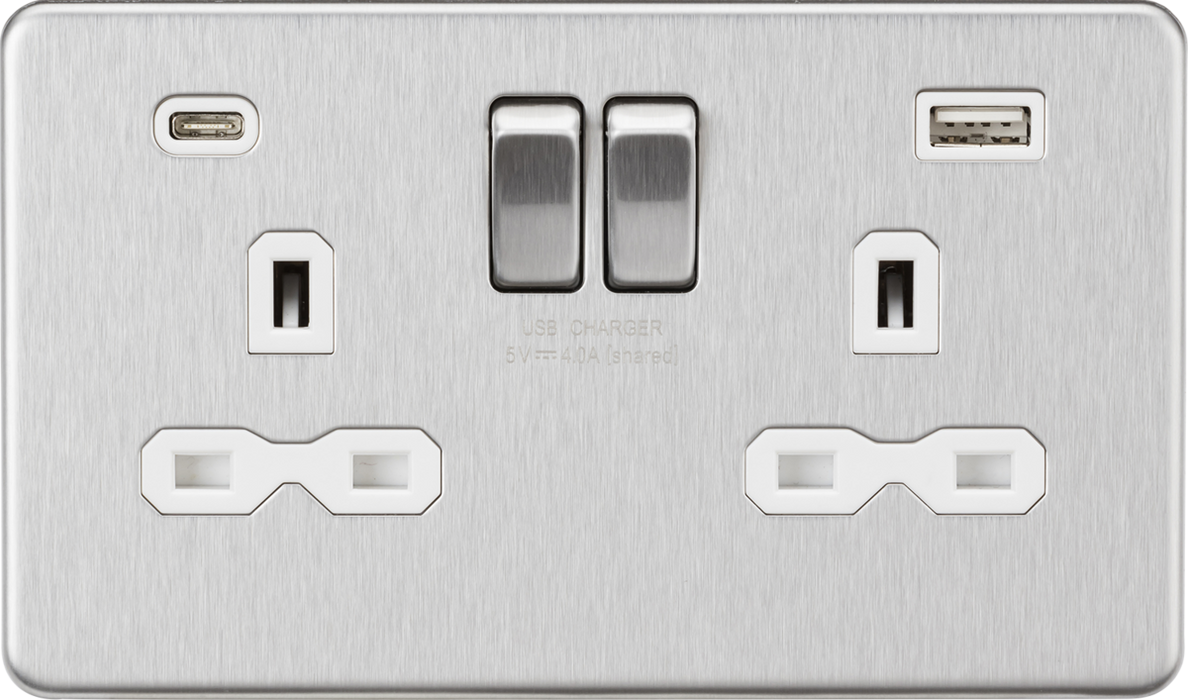 13A 2G SP Switched Socket with Dual USB A+C (5V DC 4.0A shared) - Brushed Chrome with White Insert