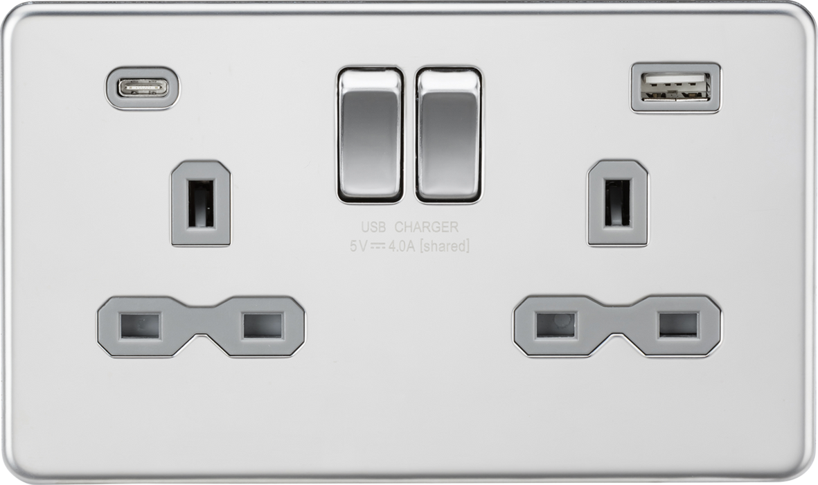 13A 2G SP Switched Socket with Dual USB A+C (5V DC 4.0A shared) - Polished Chrome with Grey Insert