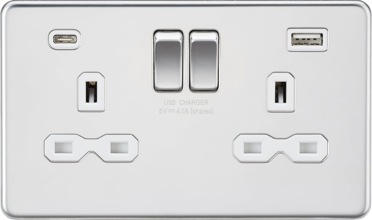 13A 2G SP Switched Socket with Dual USB A+C (5V DC 4.0A shared) - Polished Chrome with White Insert