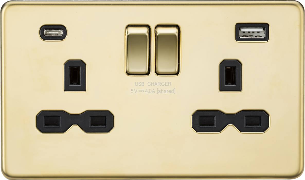 13A 2G SP Switched Socket with Dual USB A+C (5V DC 4.0A shared) - Polished Brass with Black Insert