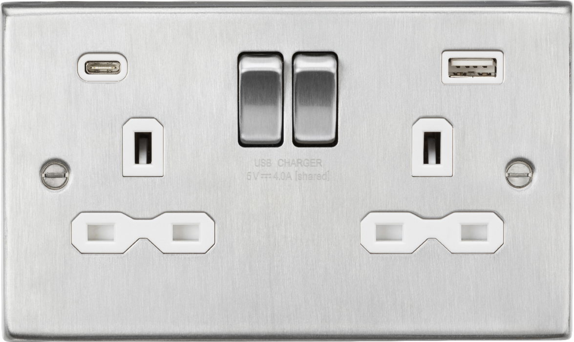 13A 2G SP Switched Socket with Dual USB A+C (5V DC 4.0A shared) - Brushed Chrome with White Insert