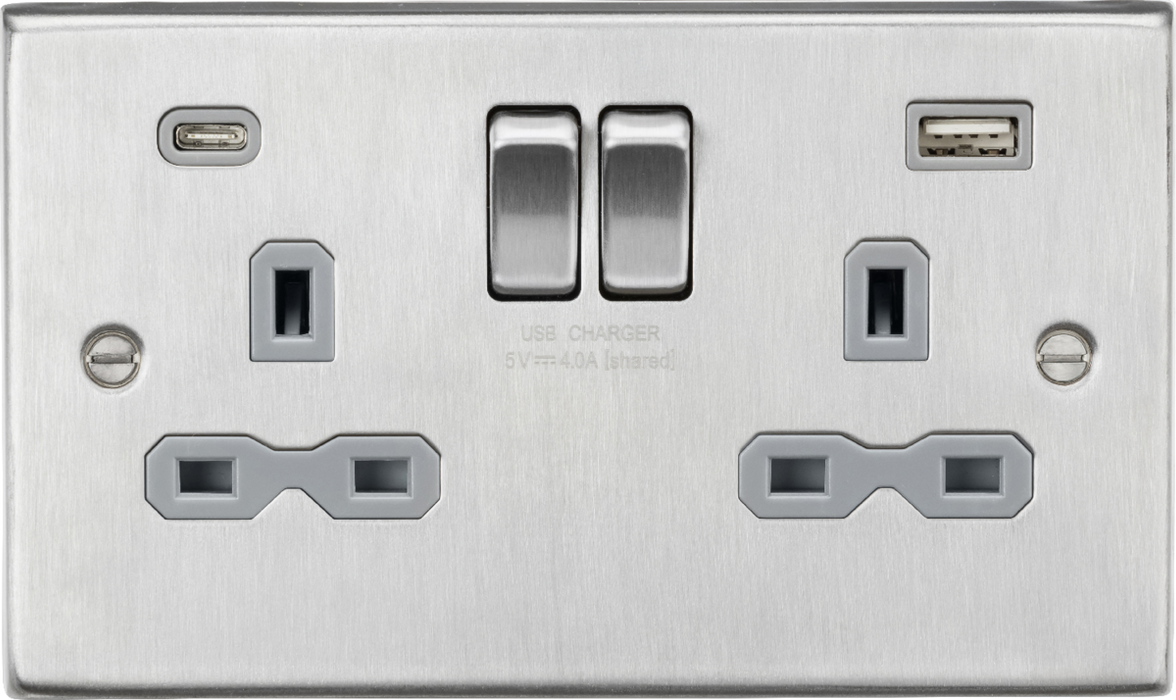 13A 2G SP Switched Socket with Dual USB A+C (5V DC 4.0A shared) - Brushed Chrome with Grey Insert