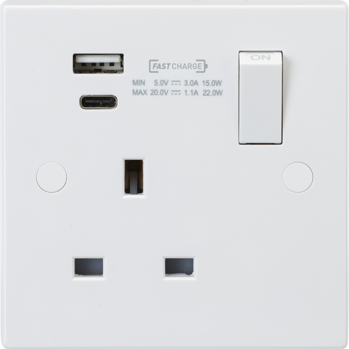 13A 1G DP Switched Socket with Dual USB A+C (20V DC 1.1A) Max. 22W