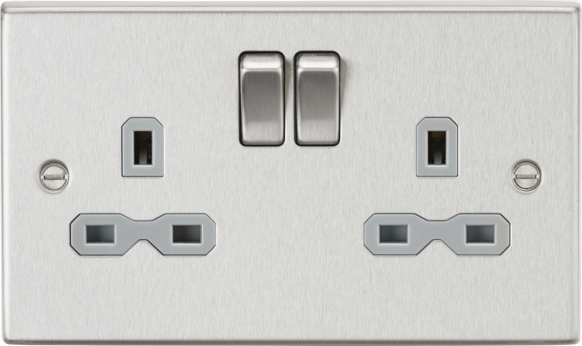 13A 2G DP Switched Socket with Twin Earths - Brushed Chrome with Grey Insert