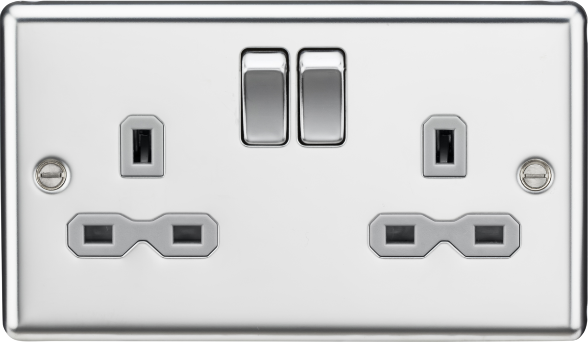 13A 2G DP Switched Socket with Twin Earths - Polished Chrome with Grey Insert