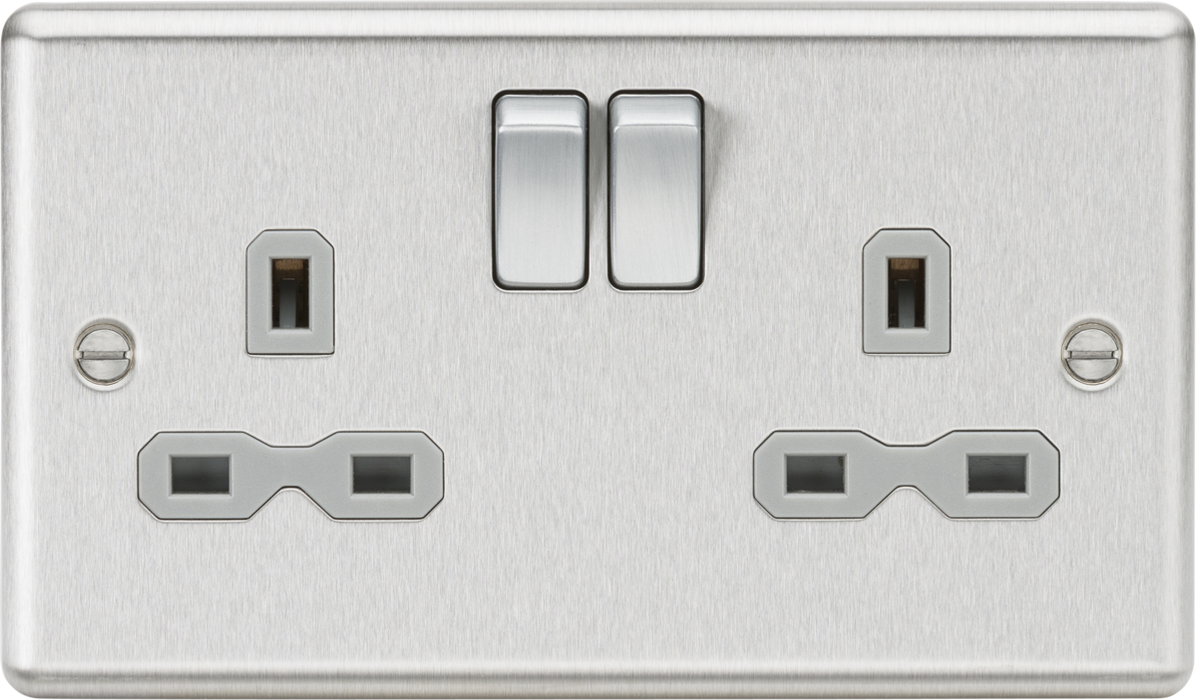 13A 2G DP Switched Socket with Twin Earths - Brushed Chrome with Grey Insert