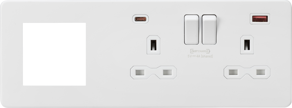 13A 2G DP Socket +2G Modular + Dual USB A+C 12V DC 1.5A (Max. 18W) - Matt White w/White Insert