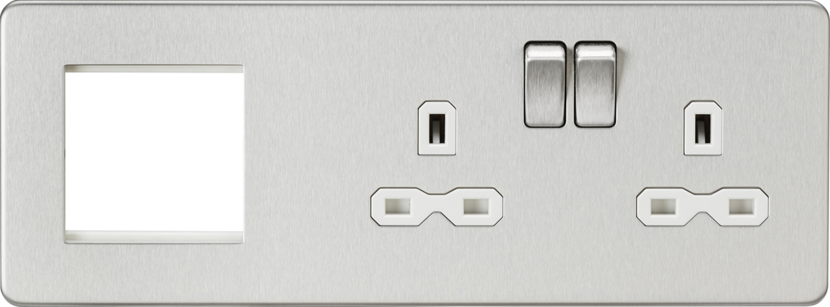 13A 2G DP Socket + 2G Modular Combination Plate - Brushed Chrome with White Insert