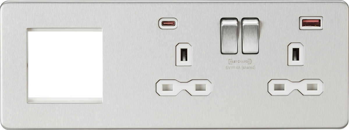 13A 2G DP Socket +2G Modular + Dual USB A+C 12V DC 1.5A (Max. 18W) - Brushed Chrome w/White Insert