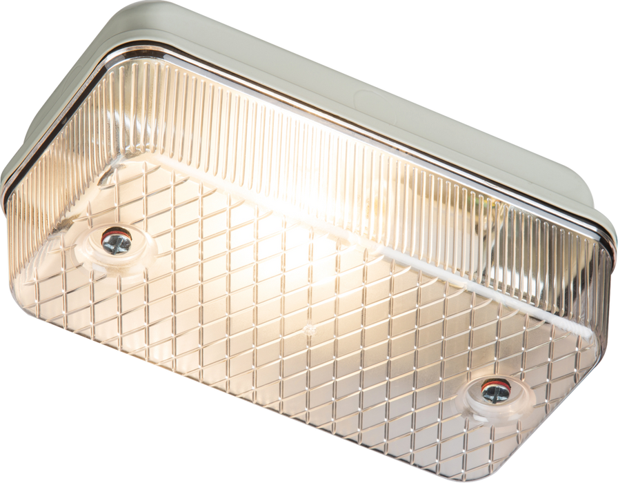 230V IP65 100W max (ES) E27 Bulkhead with Clear Prismatic Diffuser and White Aluminium Base