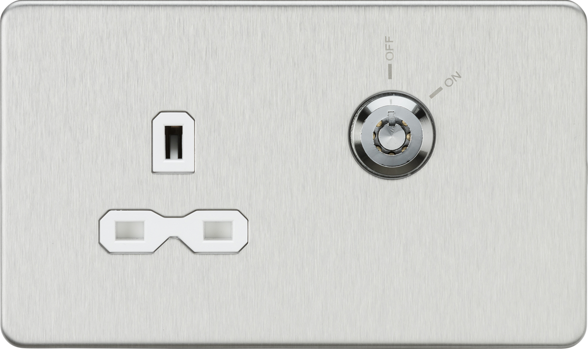 13A DP Key Lockable Socket (2G Plate) - Brushed Chrome with White Insert