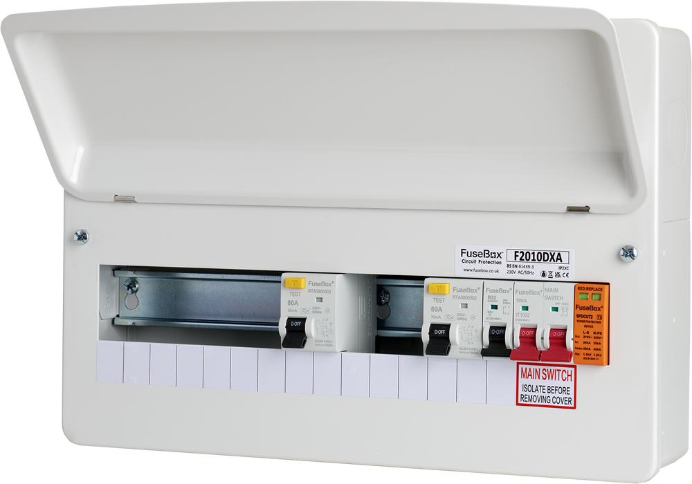 FuseBox 10 Way Consumer Unit w/ SPD T2 (2 × 80A 30mA RCD’s Type A)