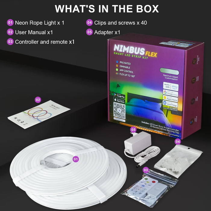 Image showing the packaging and box contents of the NimbusFlex® CCT Adjustable LED Rope Light which includes the CCT Neon Rope light 10m, CCT Controller & Remote, Clips & Screws x40, Power Supply and User Manual.