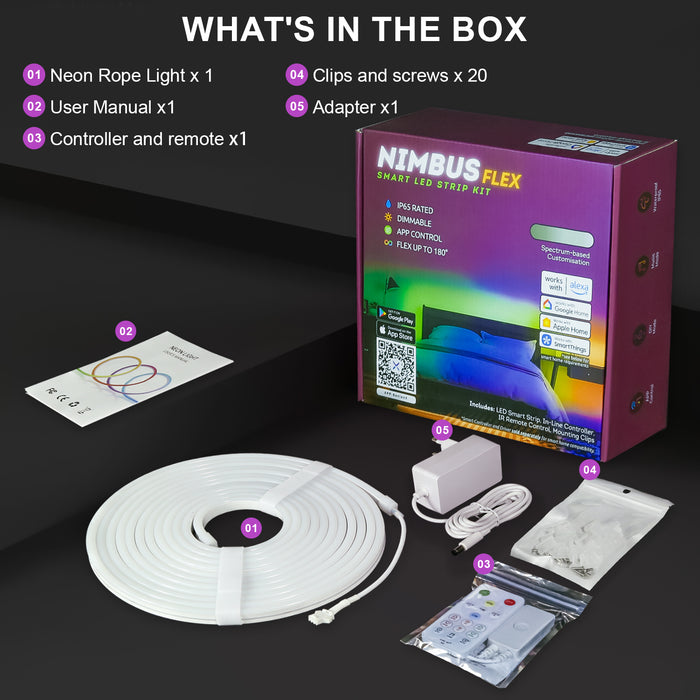 Image showing the packaging and box contents of the NimbusFlex® CCT Adjustable LED Rope Light which includes the CCT Neon Rope light 5m, CCT Controller & Remote, Clips & Screws x20, Power Supply and User Manual.