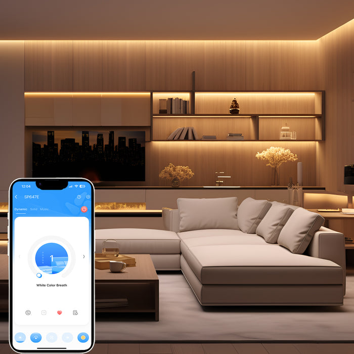 Image of smartphone app controlling CCT Adjustable LED Rope Light in Warm White CCT colours along the edges and trims of a living room wall giving the room a gradient glow.