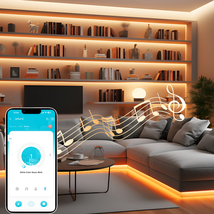 Image of smartphone app controlling CCT Adjustable LED Rope Light with Music Sync Mode feature to sync the TV audio illuminating in Warm White CCT colours along the edges and trims of a living room wall and around the TV giving the room a gradient glow.