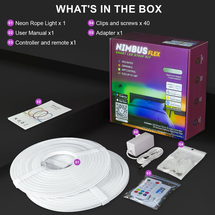 Image showing the packaging and box contents of the NimbusFlex® RGBIC Neon LED Rope Light which includes the RGBIC Neon Rope light 10m, RGB Controller & Remote, Clips & Screws x40, Power Supply and User Manual.