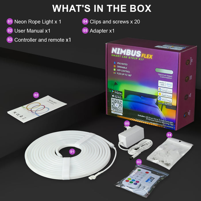 Image showing the packaging and box contents of the NimbusFlex® RGBIC Neon LED Rope Light which includes the RGBIC Neon Rope light 5m, RGB Controller & Remote, Clips & Screws x20, Power Supply and User Manual.