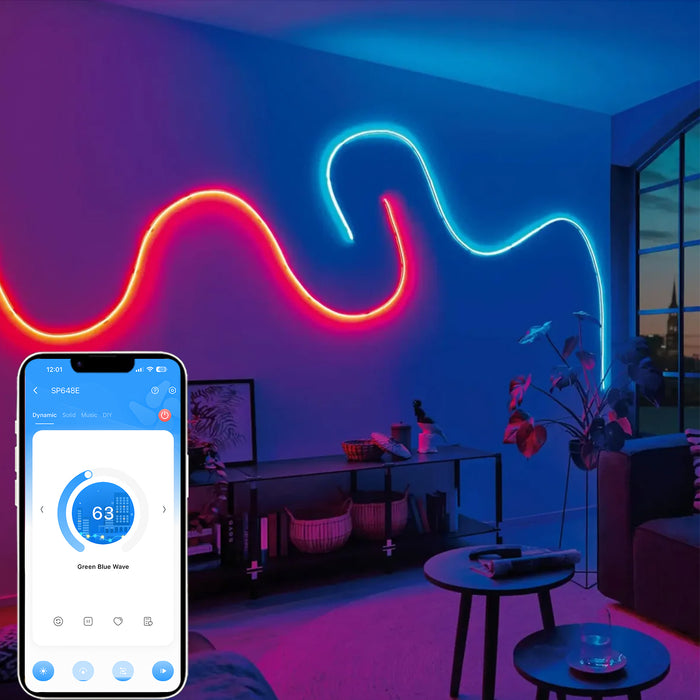 Image of smartphone app controlling RGBIC Neon LED Rope Light in a red and blue wavy pattern on a living room wall giving the room a gradient glow.